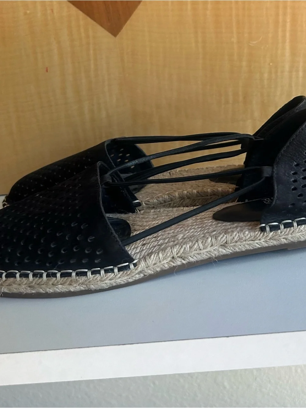 Eileen Fisher Lee Black suede Perforated Espadrille Flats Summer Beach size 8